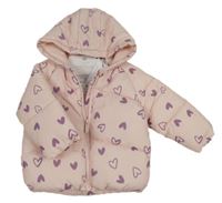 Nové - světlerůžová prošívaná šusťáková zimní bunda se srdíčky a kapucí PRIMARK
