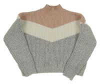 Sivo-bielo-pudrový melírovaný rebrovaný oversize crop sveter PRIMARK