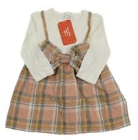 Nové - starorůžovo-kostkovano-bílé šaty s mašlí a žebrováním Pat Pat 