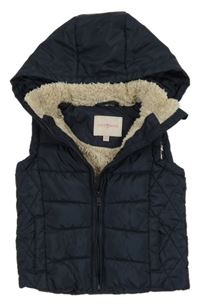 Tmavomodrá prešívaná šušťáková zateplená vesta so srdiečkom