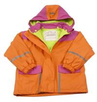 Tmavooranžovo/růžoá nepromokavá jarní bunda s kočičkami a odepínací kapucí