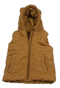 Hnedá prešívaná šušťáková zateplená vesta s huňatou kapucňou s uškami Ergee