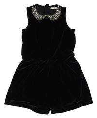 Černý sametový kraťasový overal s límečkem s korálky a kamínky M&S