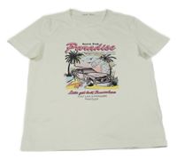 Smetanové tričko s autem a palmami a nápisy SHEIN