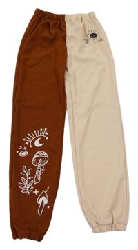 Hnedo-smotanové cuff nohavice s muchomůrkami SHEIN