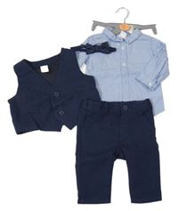Nové - 4Set - Tmavomodré kockované vzorované slávnostná kalhoty + vesta + motýlek + modrá melírovaná košeľa H&M
