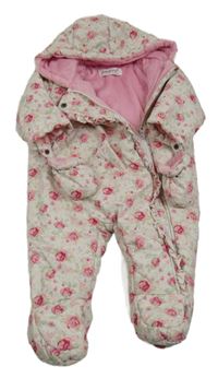 Bílá květovaná šusťáková zimní kombinéza s kapucí + rukavice Babaluno