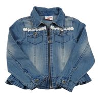 Modrá tepláková riflová bunda s krajkovými květy a volánkem Topolino