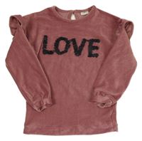 Staroružová rebrovaná zamatová mikina s nápisom a volánikmi F&F