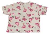 Bílé crop tričko s plameňáky Zara