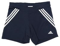 Tmavomodré sportovní funkční kraťasy s pruhy a logem Adidas