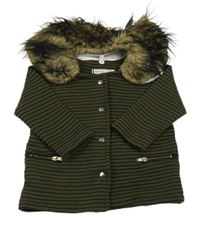 Kaki-čierna pruhovaná prepínaci mikina s odepínacím kožušinovým golierom