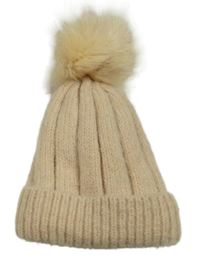 Světlebéžová pletená zateplená čepice s bambulí 