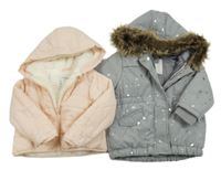3v1 - světlerůžová šusťáková zateplená bunda s kapucí + šedá zateplená bunda s hvězdičkami a kapucí Vertbaudet