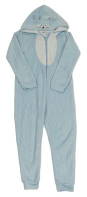 Světlemodro-biela plyšová kombinéza s kapucňou s ňufáčikom 