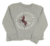 Sivá melírovaná crop mikina s jednorožcem z flitrů F&F