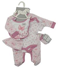 5set - Růžovo-bílý květovaný overal + body + rukavice + čepice + bryndák