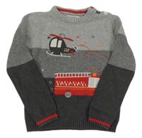 Sivo-antracitový sveter s autami a vrtuľníkom