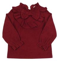 Vínová žebrovaná halenka s volánky a mašlí Shein