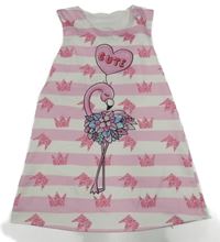 Bielo-ružové pruhované šaty s plameňákem a korunkami