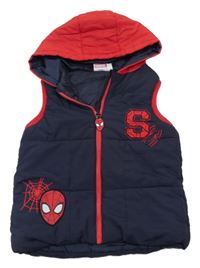 Tmavomodro-červená šusťáková zateplená vesta se Spideramenam a kapucí Marvel
