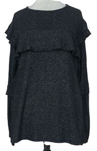 Dámský černo-šedý melírovaný svetr s volánkem 
