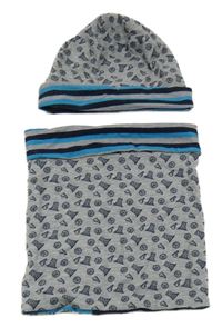 2set- šedá bavlněná čepice s obrázky+ nákrčník