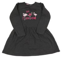 Tmavosivé teplákové šaty s plameňáky a nápisom Lupilu