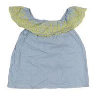 Světlemodro-biely pruhovaný top s madeirovým volánikom Mango