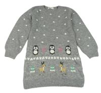 Sivé pletené šaty s bodkami a tučňáky H&M