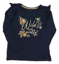 Tmavomodré tričko s nápisom a volánikmi C&A