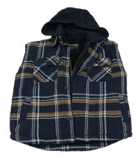 Tmavomodro-hnedo-biela kockovaná zateplená košeľová vesta s kapucňou