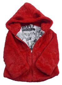 Červený chlupatý podšitý kabátek s kapucňou Shein
