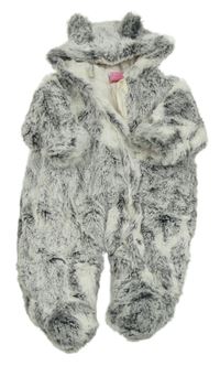 Sivo-biela kožušinová zateplená kombinéza s kapucňou Cutey couture