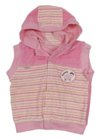 Svetloružová -bielo-žltá pruhovaná zamatová mikinová vesta s kapucňou