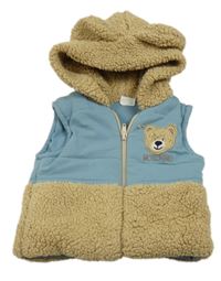 Béžovo-modrá huňato/bavlněná zateplená vesta s kapucňou