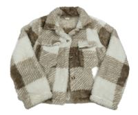 Hnedo-biela kockovaná chlpatá košeľová bunda Shein