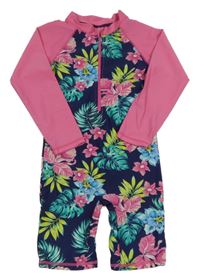 Tmavmodro-ružový UV overal s kvetmi