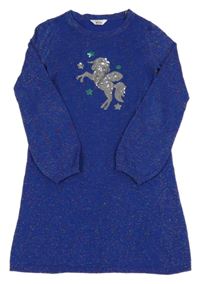 Tmavomodro-farebné úpletové trblietavé šaty s jednorožcem z flitrů M&Co.