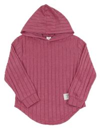 Růžové žebrované pletené mikinotriko s kapucňou