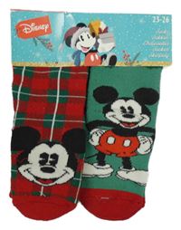 Nové - 2x - Zelené + kostkované ponožky s Mickeym Disney vel. 23-26