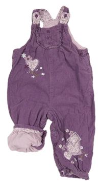 Tmavofialové manšestrové laclové kalhoty se srdíčky a květy Matalan
