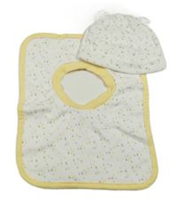 2Set - Bílá čepice s hvězdičkami a oušky PRIMARK + bílo/šafránový vzorovaný bryndák 