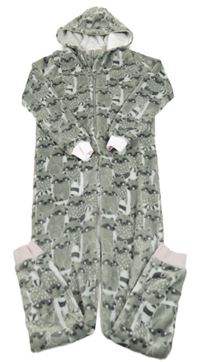 Sivo-svetloružová plyšová kombinéza s mývaly a kapucňou Matalan