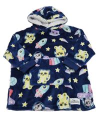 Tmavomodrá plyšová oversize dlhá mikina s raketami a kočičkami a vreckom a kapucňou PRIMARK