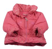 Tmavoružová šušťáková zimná bunda s kvietkami a srdiečkami TYK