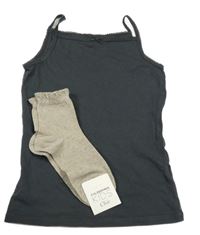 Nové - černá košilka s mašličkou H&M + šedo/béžovo/stříbrné melírované ponožky CALZEDONIA