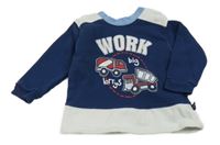 Tmavomodro-bielo-modrá mikina so stavebními stroji a nápismi