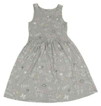 Sivé melírované šaty s obrázkami a nápismi H&M