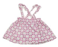 Bielo-tmavoružová kockovaná kvetovaná tepláková sukňa s trakami s volánikmi PL: Kids